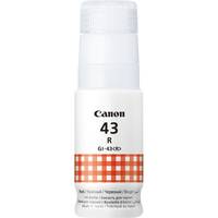 Canon 43 R Tintenflasche mit weißem Deckel und Etikett, mit einem orangefarbenem karierten Band.