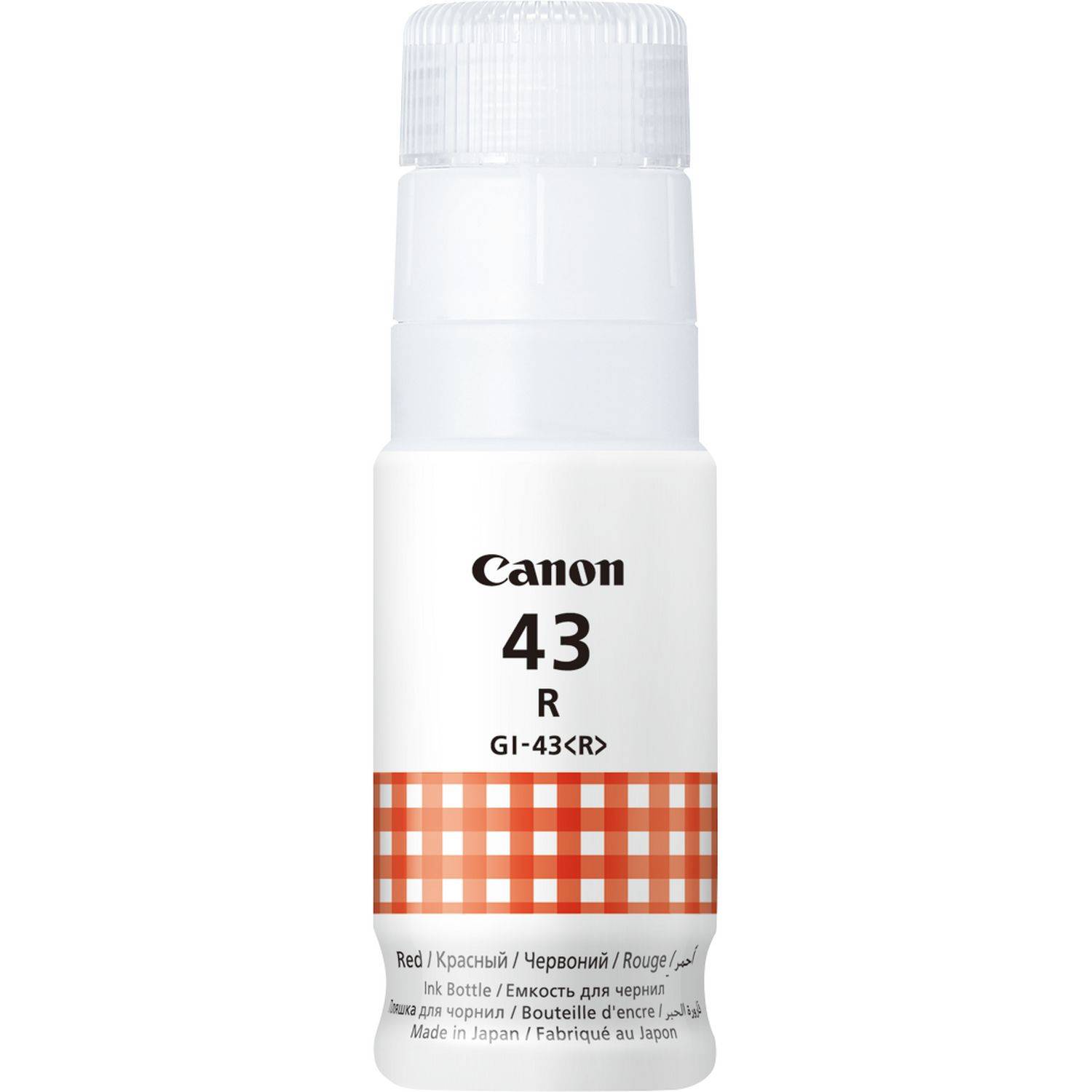 Canon GI-43R Rotflasche mit weißem Deckel und orange kariertem Band, beschriftet mit 
