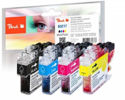 Packung Pfirsich-Druckerpatronen mit schwarz, cyan, magenta und gelben Farbpatronen vorne, vor beschrifteter Verpackung.
