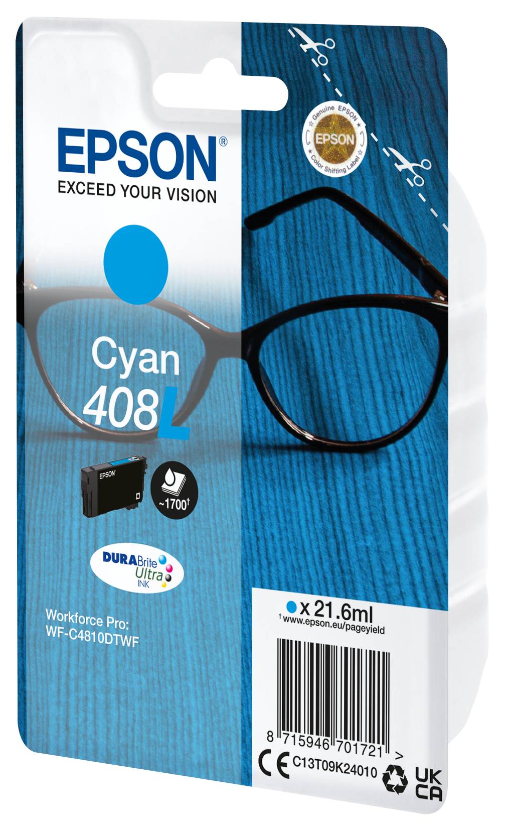 Epson Cyan 408 Druckkopf-Patrone für WorkForce Pro Drucker, mit blauem Farbbezeichnungsetikett, 21,6 ml Fassungsvermögen und Epson-Branding.