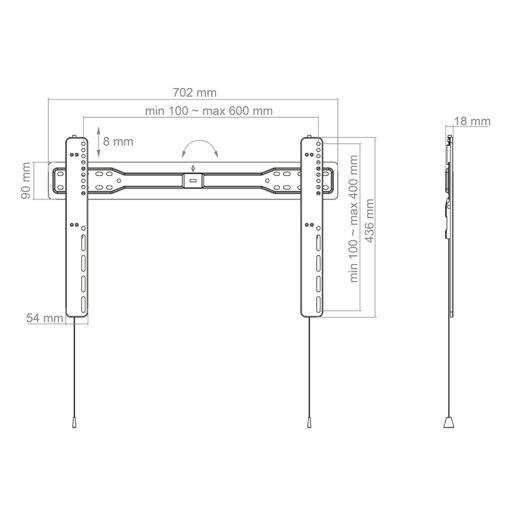 Technisches Diagramm einer TV-Wandhalterung mit verstellbaren Befestigungsdimensionen, einschließlich 702 mm Breite, 18 mm Tiefe und VESA-Lochbereich.