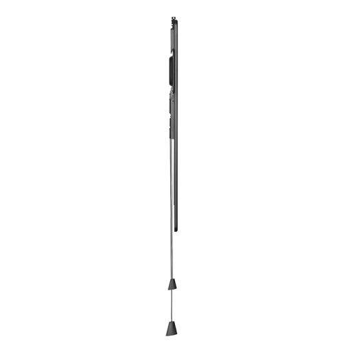 Eine schlanke schwarzsilberne Antenne oder Peitschenrute mit zwei gewichteten Spitzen, vertikal auf weißem Hintergrund dargestellt.