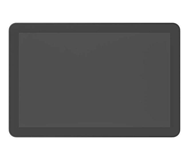Leerer dunkelgrauer Tablet-Bildschirm auf weißem Hintergrund.
