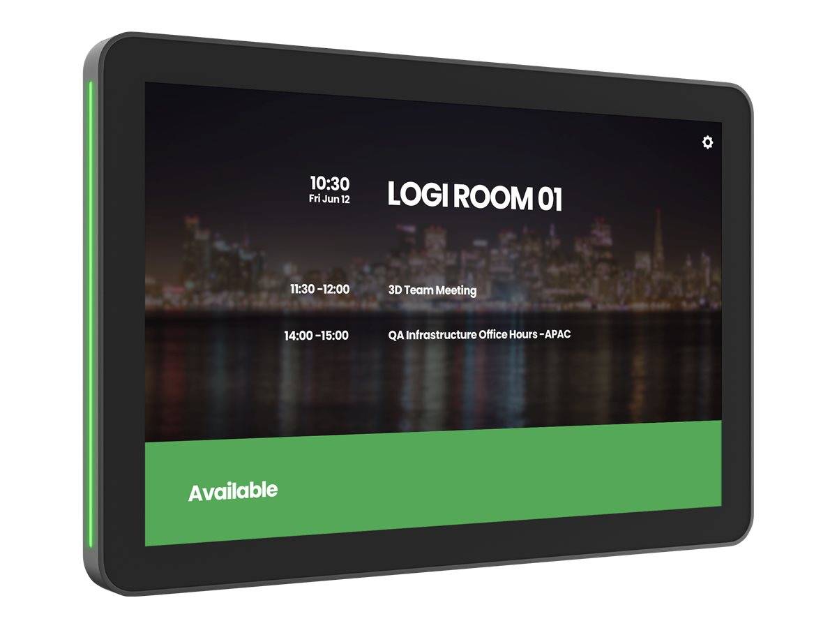 An der Wand montiertes Raum-Planungsdisplay mit LOGI ROOM 01 als verfügbar angezeigt, mit aktueller Uhrzeit und bevorstehenden Meetingzeiten in der Liste.