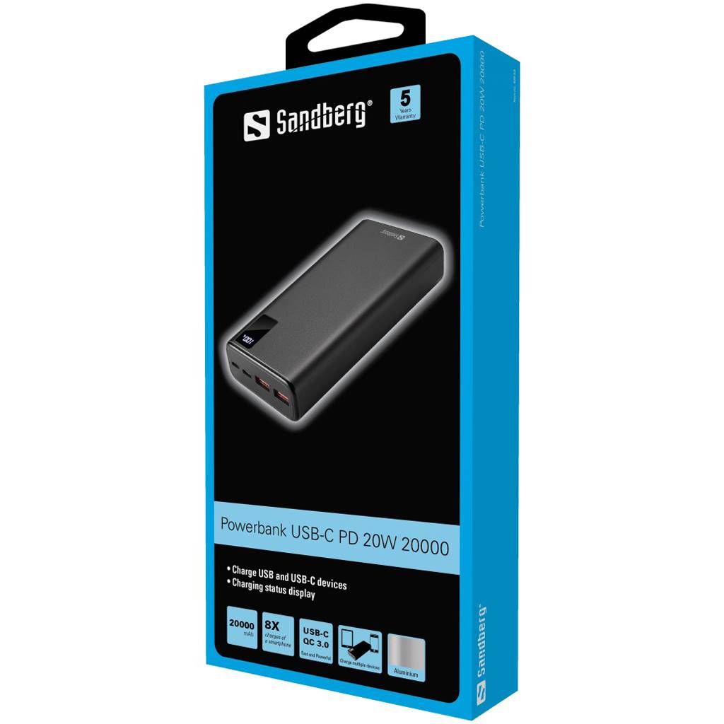 Sandberg - Powerbank - 20000 mAh - 74 Wh - 20 Watt - 3 A - PD, QC 3.0 - 3 Ausgabeanschlussstellen (2 x USB, USB-C)