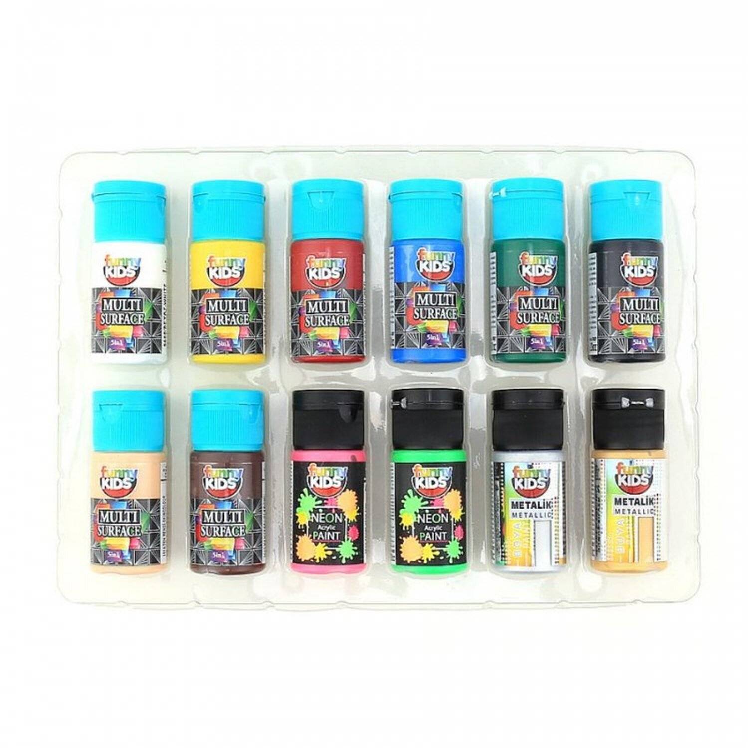 Funny Kids Multimix Acrylfarben Set für Kinder auf Wasserbasis 12 x 20 ML Neon Metallische Farben Multisurface