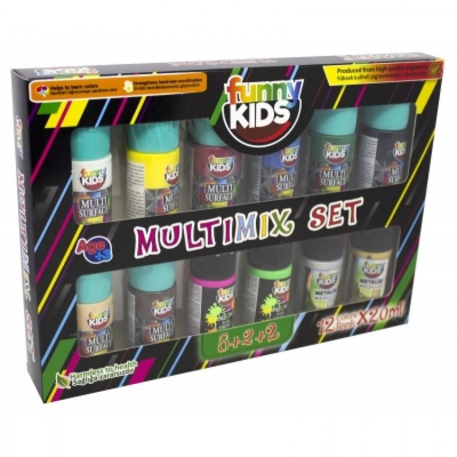 Funny Kids Multimix Acrylfarben Set für Kinder auf Wasserbasis 12 x 20 ML Neon Metallische Farben Multisurface