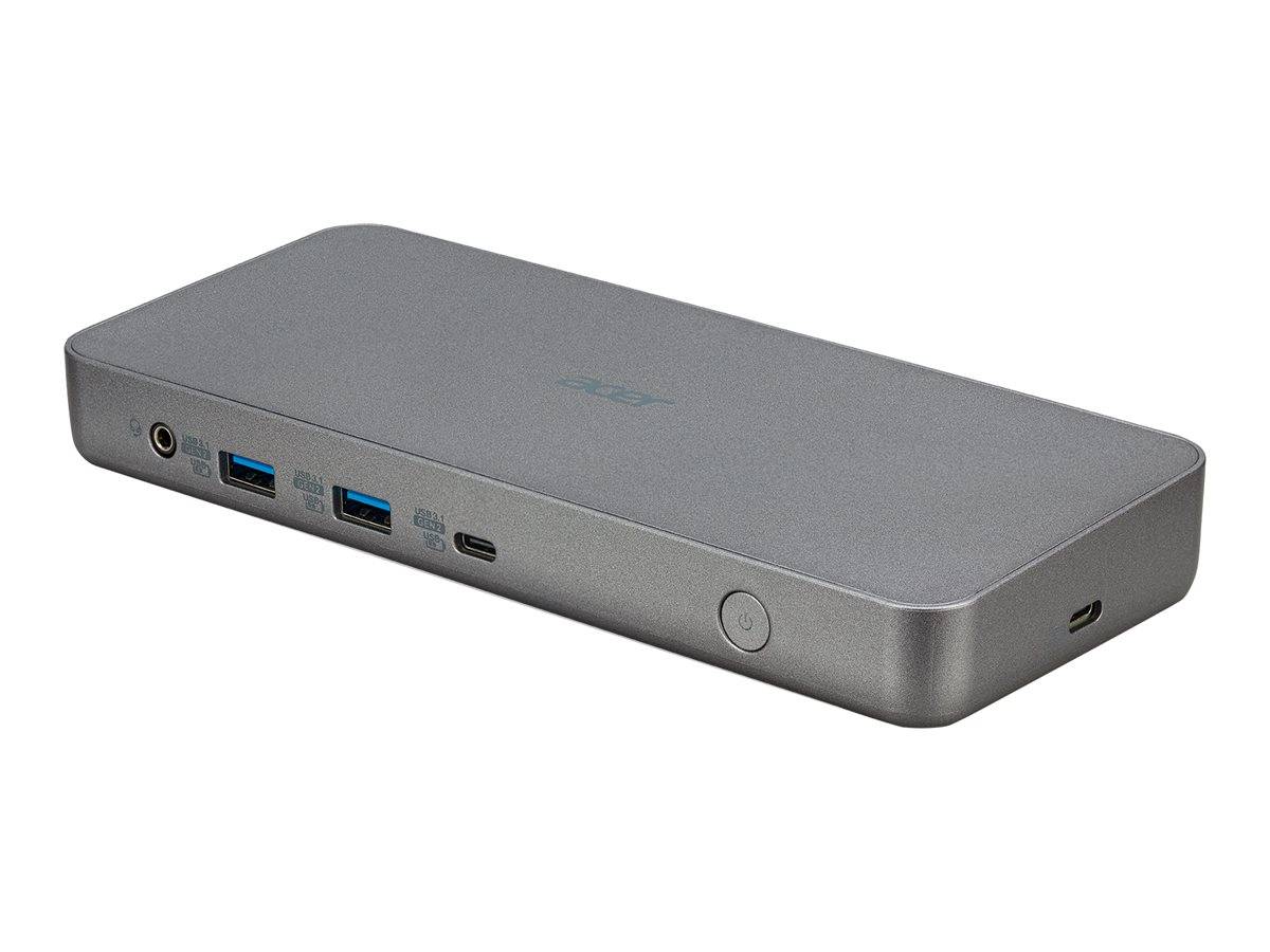 Kompakte graue Dockingstation mit mehreren vorderen Anschlüssen, einschließlich USB-A, USB-C, Audiobuchse und einem Stromschalter, dargestellt auf weißem Hintergrund.