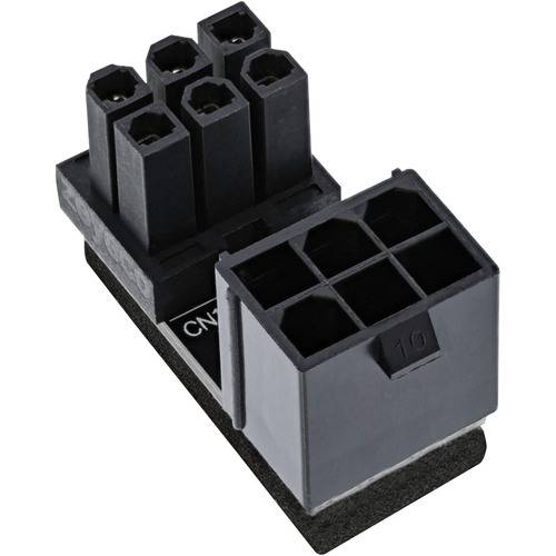 Ein sechspoliger, schwarzer Elektrostecker, häufig in Computernetzteilen verwendet, aus einem Winkel gezeigt, der interne Fächer offenbart.