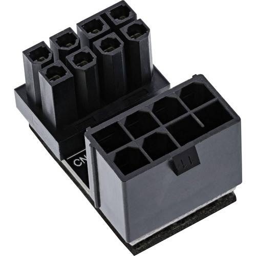 Ein schwarzer 8-poliger GPU-Stromstecker mit sechs auf einer Seite und zwei auf der anderen Seite, der zur Stromversorgung einer Grafikkarte in einem Computer verwendet wird.