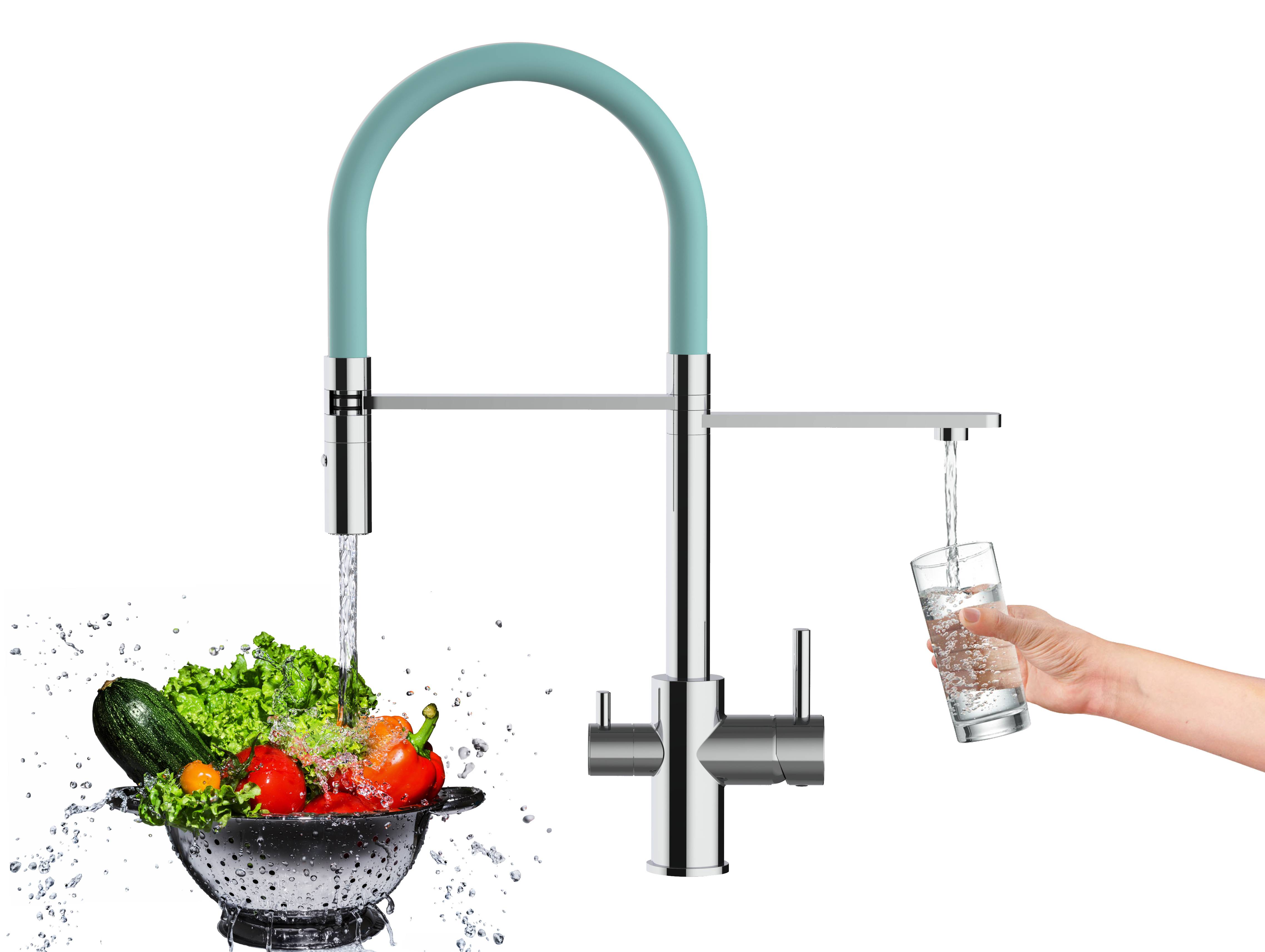 3 Wege Wasserhahn Küche Spültischarmatur chrom Küchenarmatur mit Türkis 360° schwenkbarem Auslauf und abnehmbare 2 strahl Handbrause