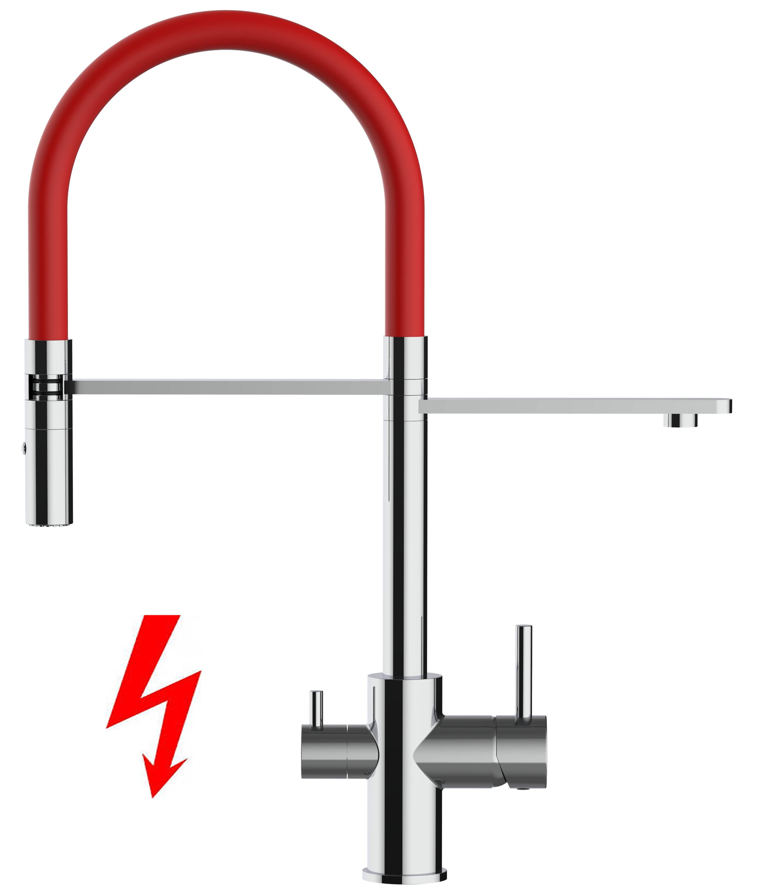 NIEDERDRUCK 3-Wege Wasserhahn Küche Spültischarmatur chrom Küchenarmatur mit rot 360° schwenkbarem Auslauf und abnehmbare 2 strahl Handbrause