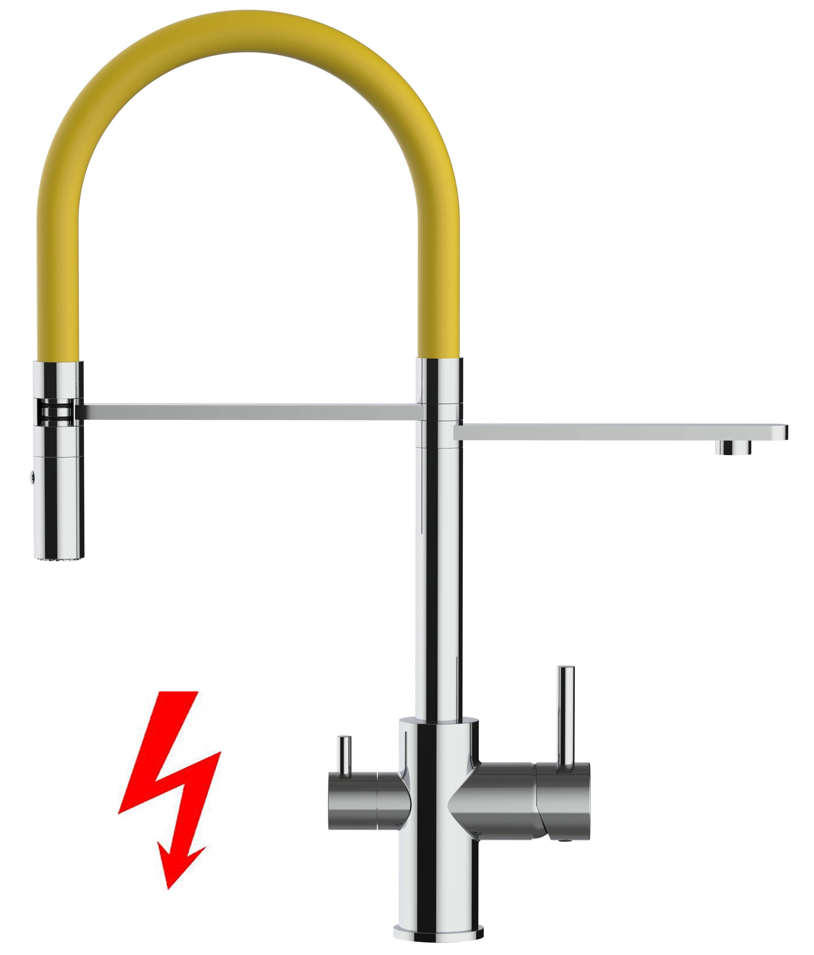 NIEDERDRUCK 3-Wege Wasserhahn Küche Spültischarmatur chrom Küchenarmatur mit gelb 360° schwenkbarem Auslauf und abnehmbare 2 strahl Handbrause