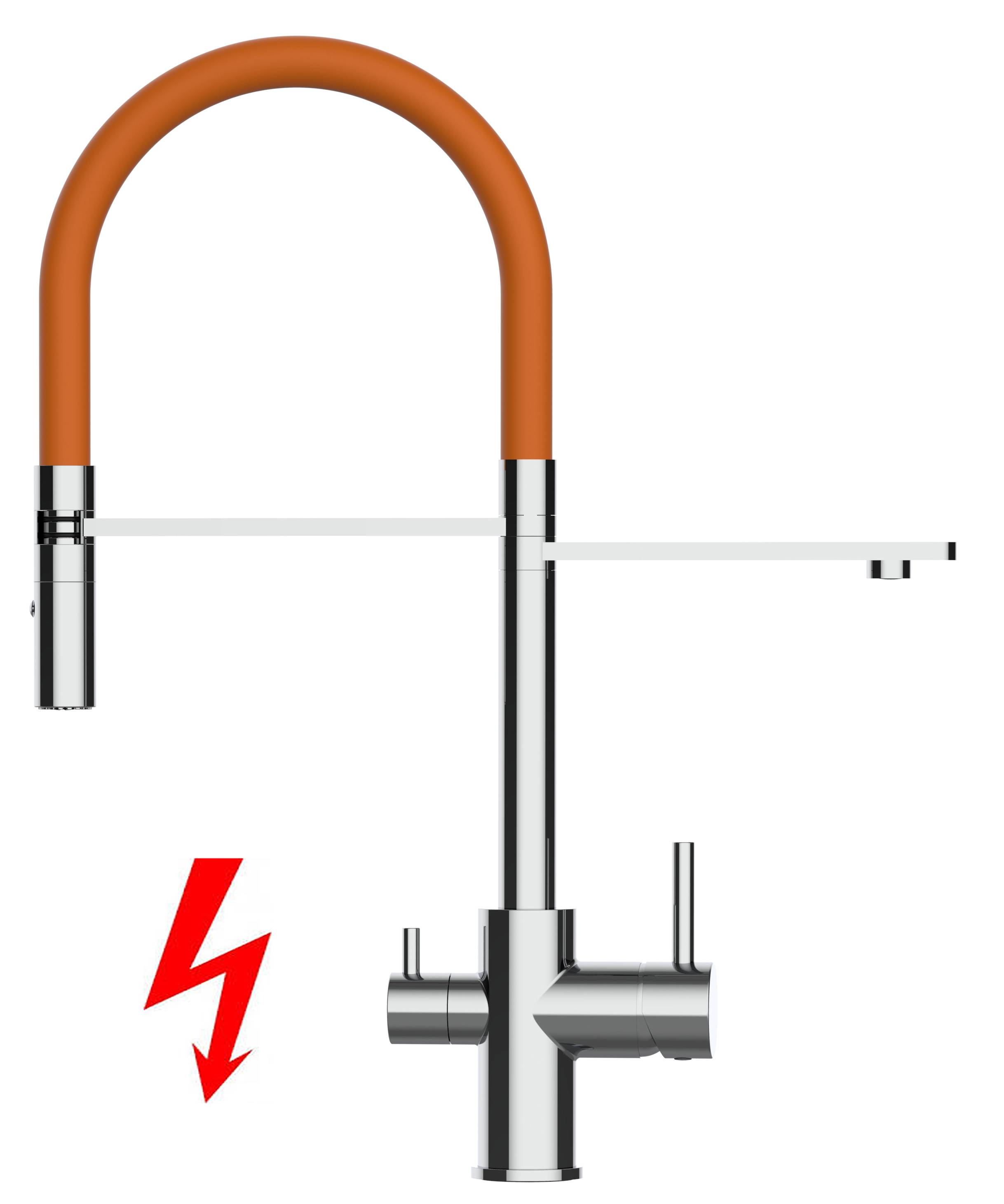 NIEDERDRUCK 3-Wege Wasserhahn Küche Spültischarmatur chrom Küchenarmatur mit orange 360° schwenkbarem Auslauf und abnehmbare 2 strahl Handbrause