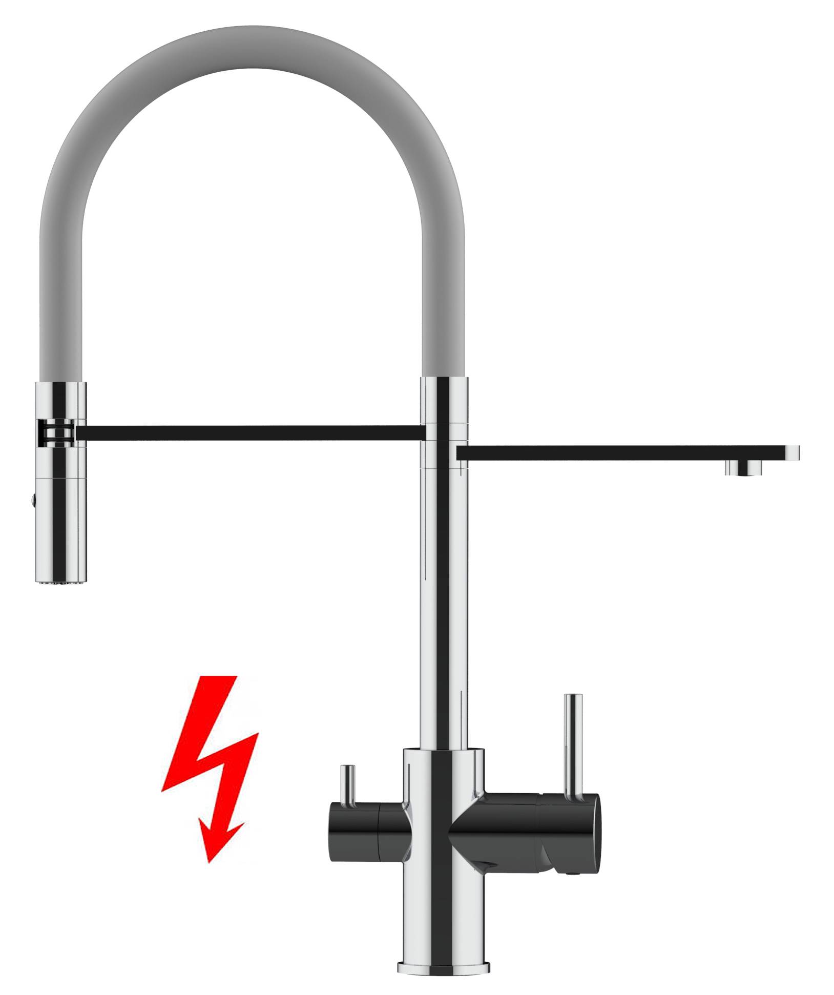 NIEDERDRUCK 3-Wege Wasserhahn Küche Spültischarmatur chrom Küchenarmatur mit grau 360° schwenkbarem Auslauf und abnehmbare 2 strahl Handbrause