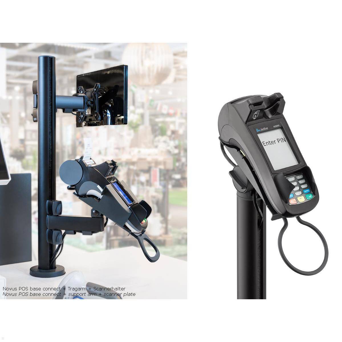 Zwei Zahlungsterminals auf Ständern. Der linke seitlich geneigt, der rechte aufrecht. Beide verfügen über Kartenleser und PIN-Pads zur Abwicklung von Transaktionen.