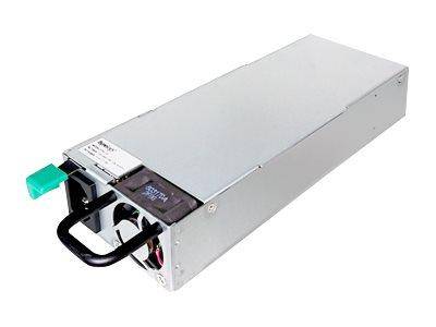Ein silbernes rechteckiges Computernetzteilmodul mit schwarzem Griff und grünem Stecker an einem Ende.