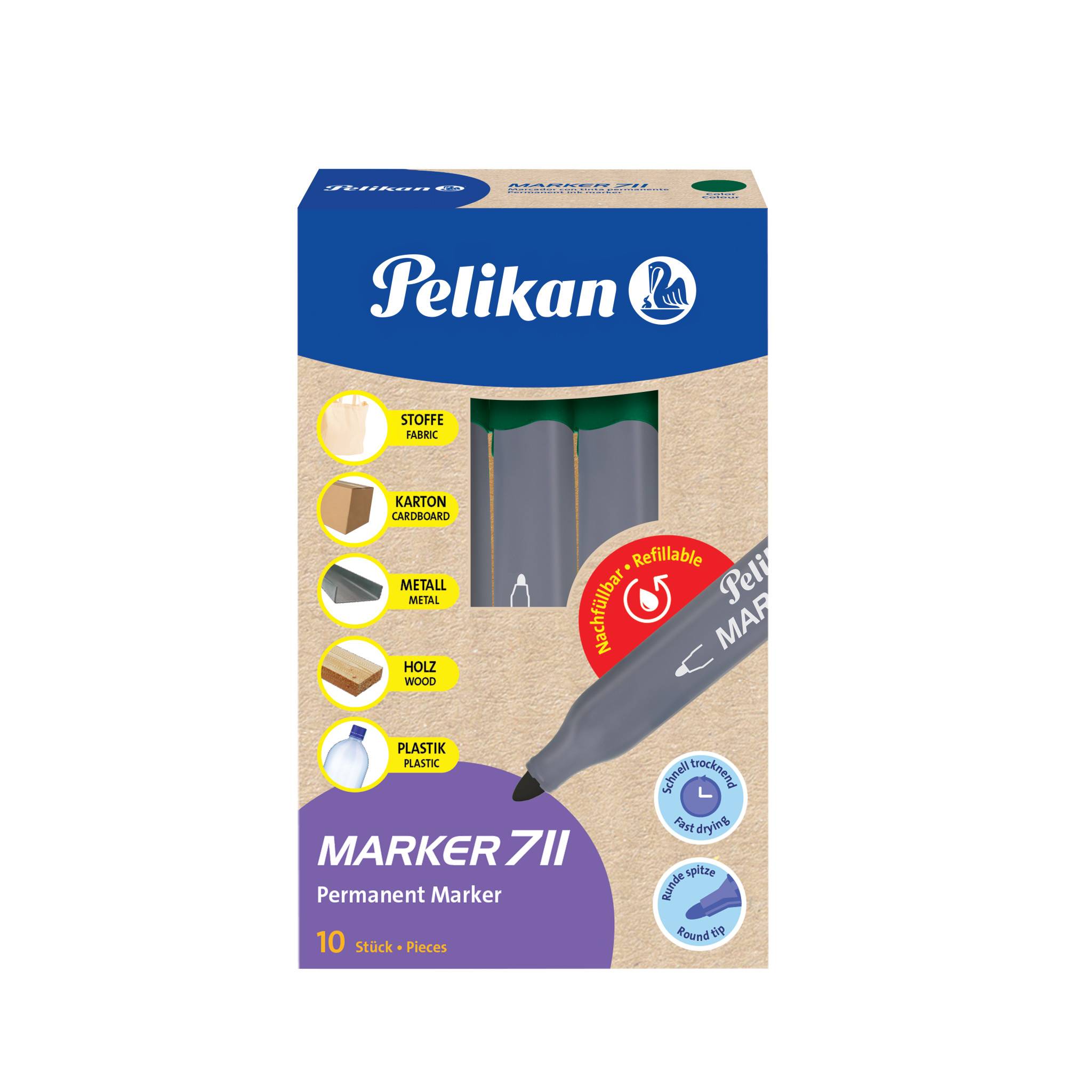 Pelikan 711, Grün, Grün, Grau, Karton, Stoff, Metall, Kunststoff, Holz, 10 Stück(e), Box