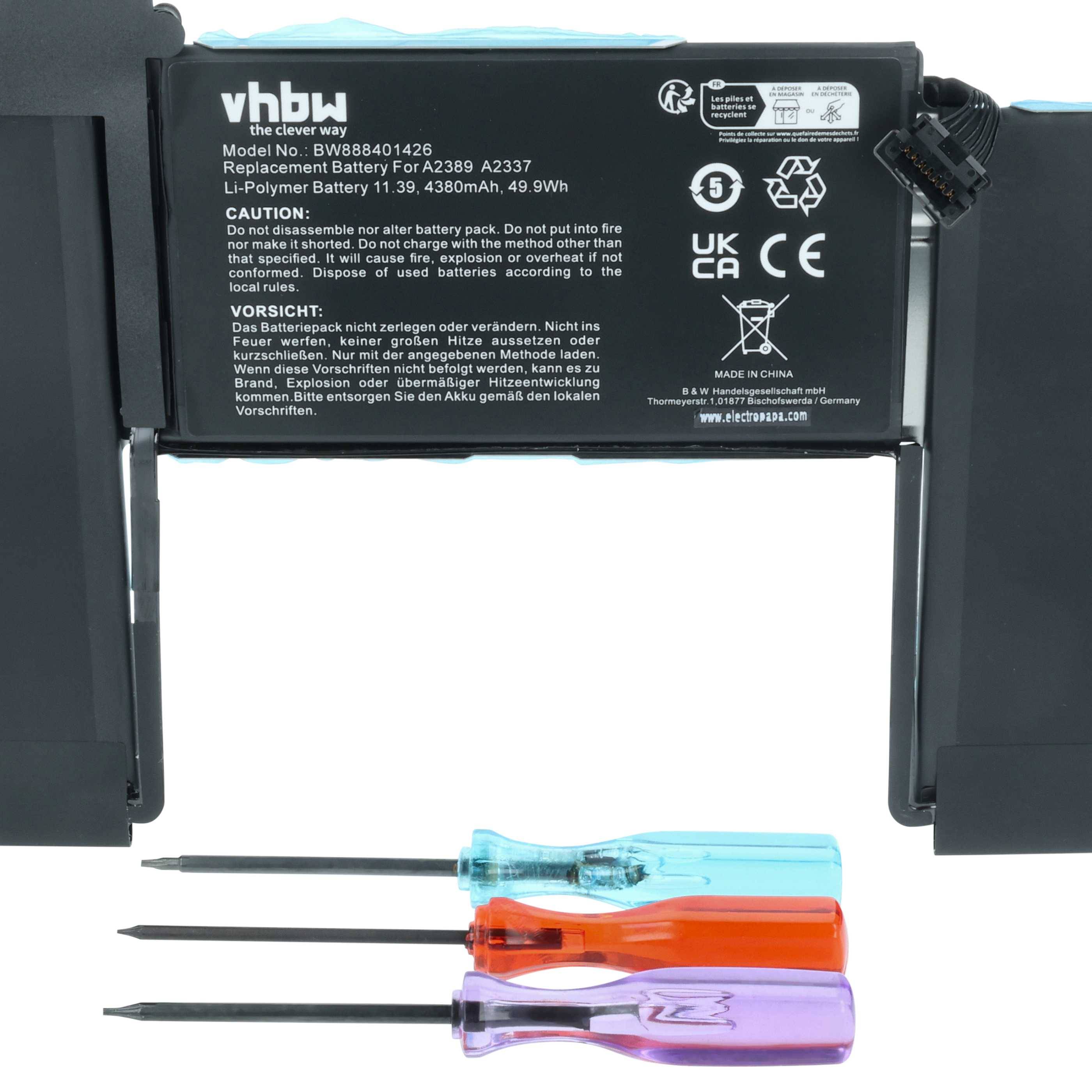 Ein Ersatzakku für das A2289-Gerät, mit der Modellnummer VBW08401426, mit folgenden Spezifikationen: 11,39V, 4380mAh. Enthält drei Schraubendreher.