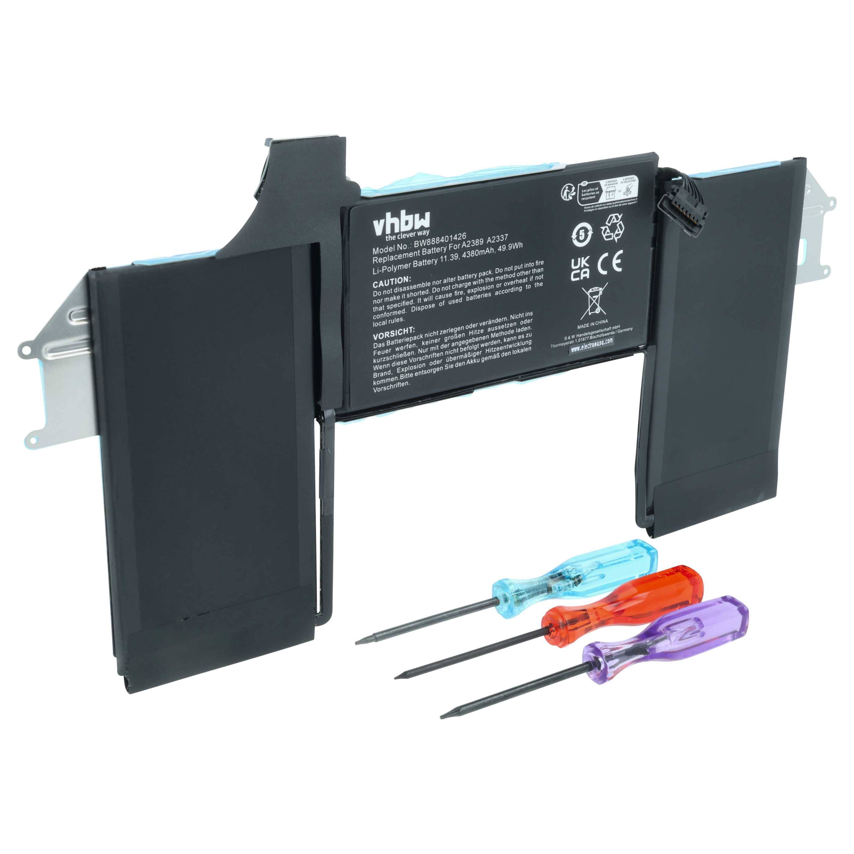 Ersatz-Laptop-Akku Modell VHBY TT-XPS139335 mit drei Schraubenziehern.