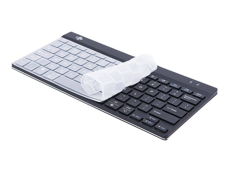 Kabellose Tastatur mit einer durchscheinenden Silikonabdeckung über den Tasten, dargestellt auf weißem Hintergrund.