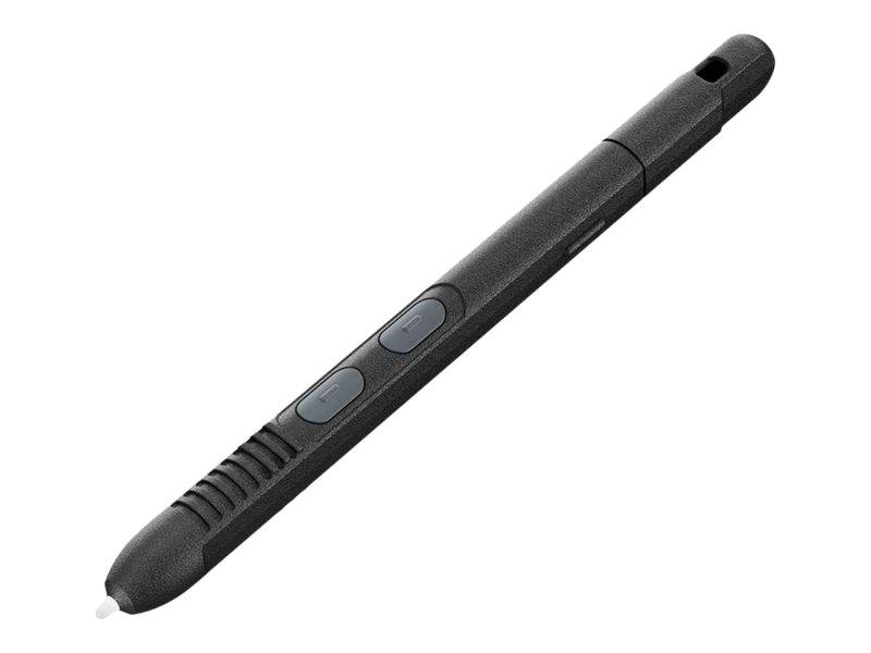 Schwarzer Stylus-Stift mit zwei Seitenschaltflächen und einer spitzen Spitze, gezeigt auf einem einfachen weißen Hintergrund.