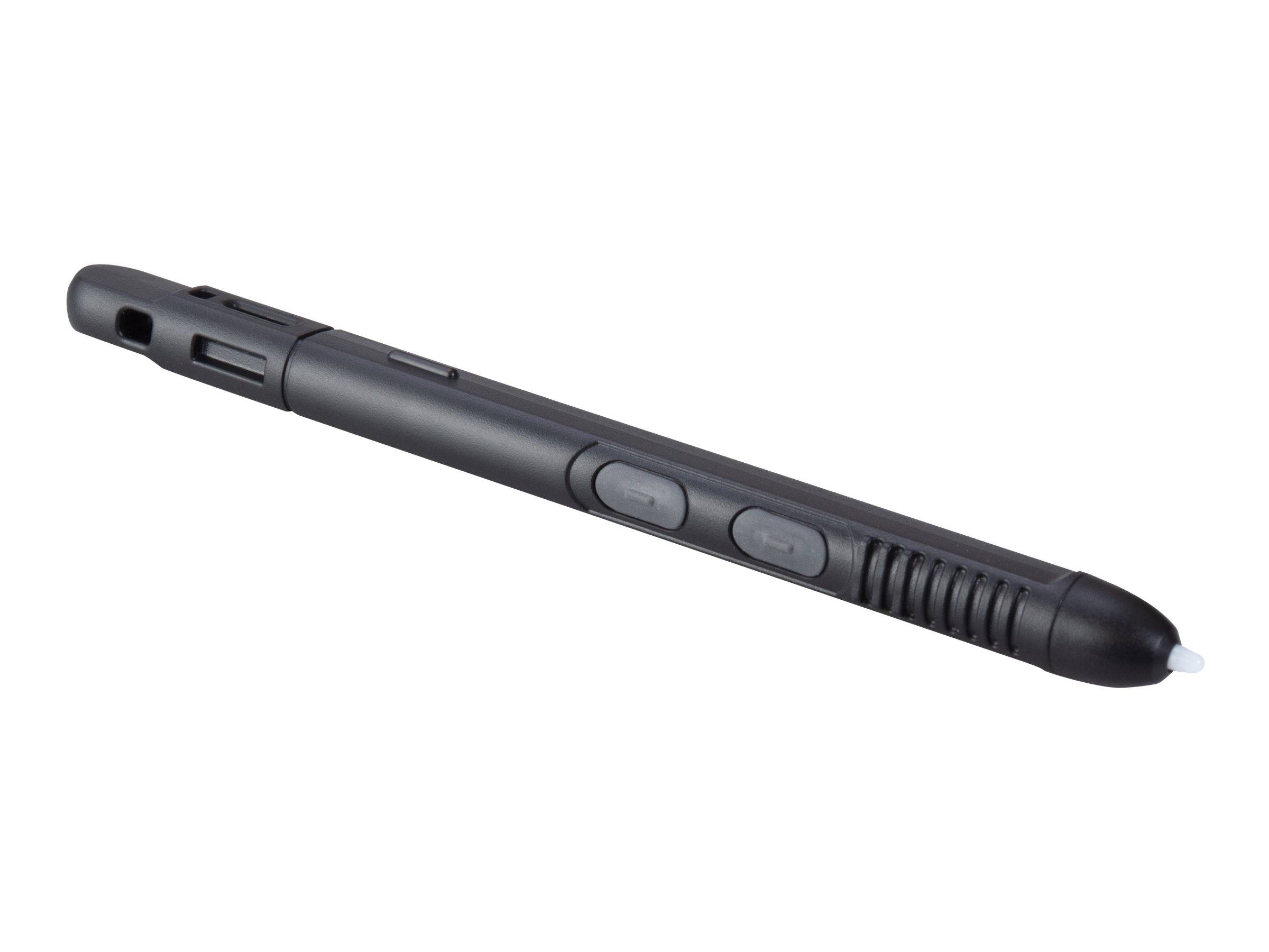 Schwarzer Stift mit Styli-Spitze und Seitentasten, dargestellt vor weißem Hintergrund.