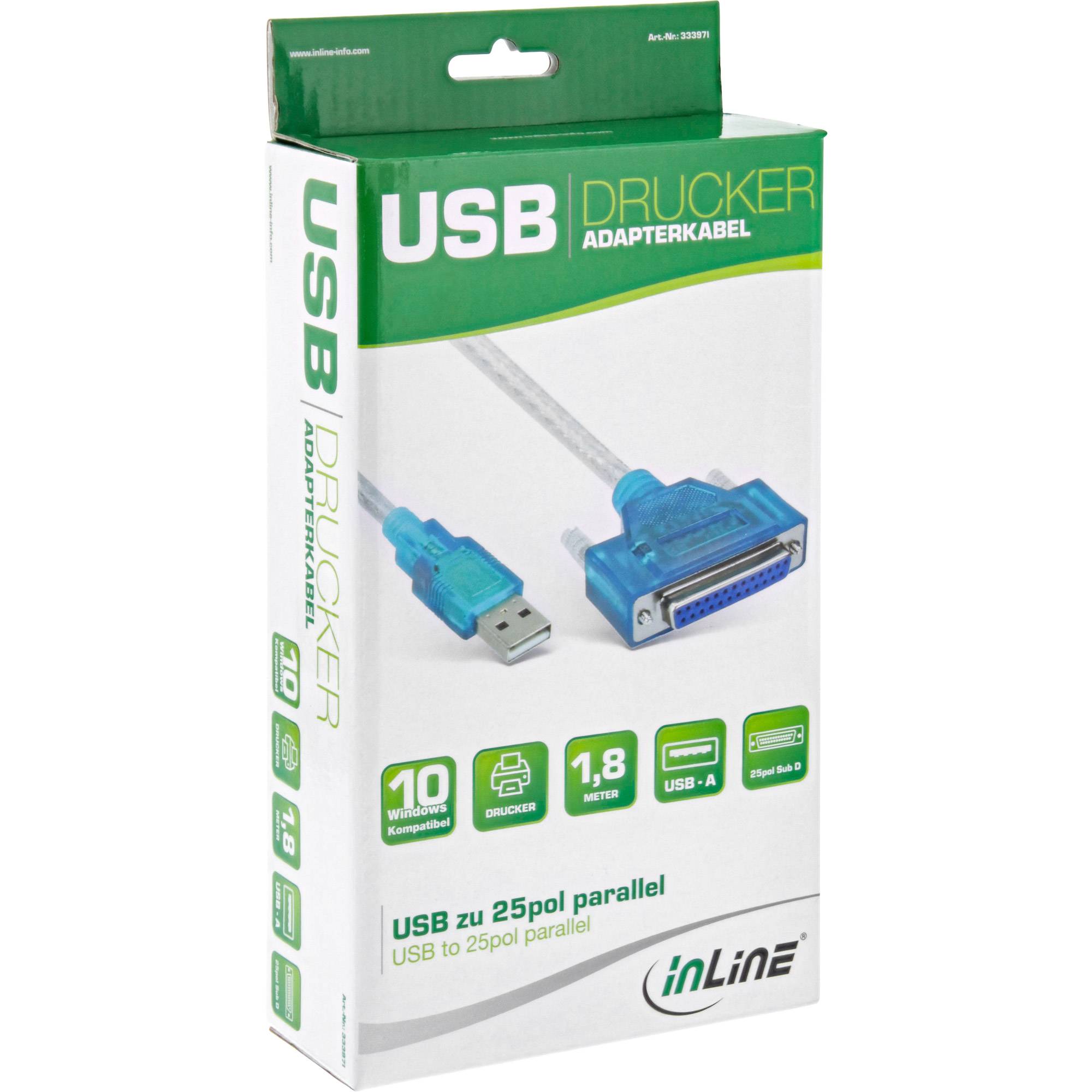 Verpackung für ein InLine USB-Drucker-Adapterkabel, mit der Bezeichnung „USB DRUCKER ADAPTERKABEL" und „USB zu 25pol parallel"", zeigt USB-A auf parallelen Stecker.