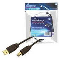 USB-Kabel in Einzelhandelsverpackung mit einem Standard-USB-A-Anschluss und einem kleineren Gerätenanschluss.