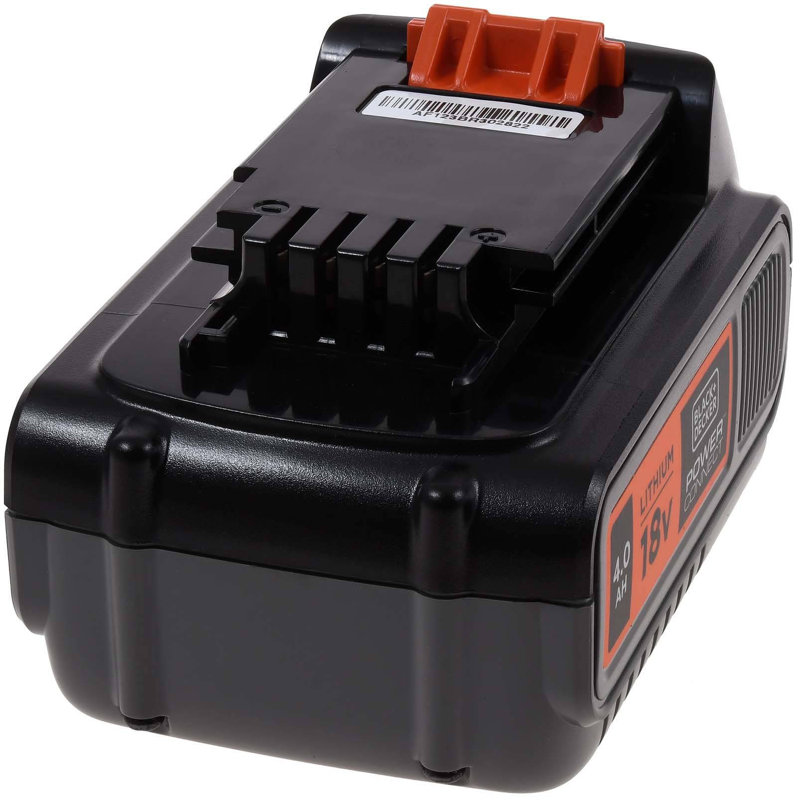 Schwarzes kabelloses Elektrowerkzeug-Akkupack mit orange Entriegelungshaltegriff und Seitenetikett, dargestellt auf weißem Hintergrund.