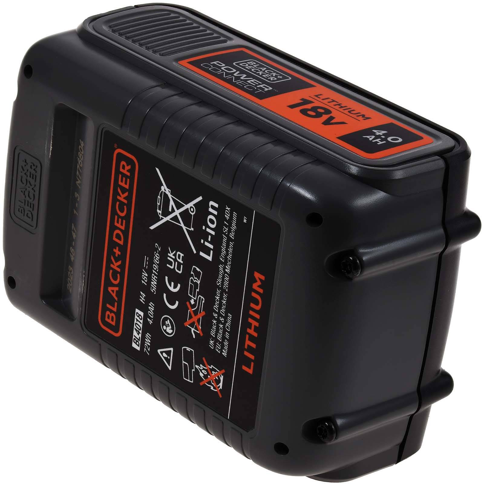 Black+Decker 18V Lithium-Ionen-Akkupack für Elektrowerkzeuge mit schwarzem und orangefarbenem Gehäuse.