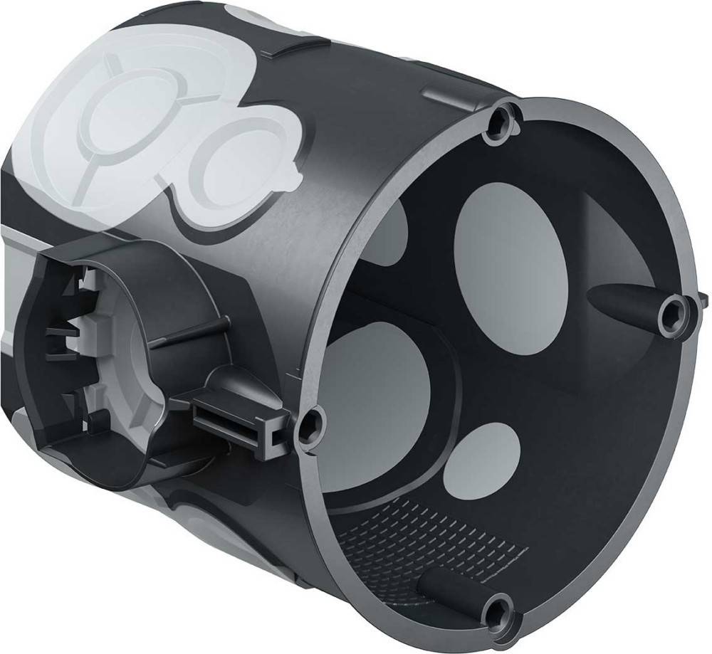 Eine runde, schwarze elektrische Verteilerdose mit mehreren Öffnungen und Schraublöchern, die zum Unterbringen und Verbinden von Kabeln in einem Gebäude konzipiert ist.