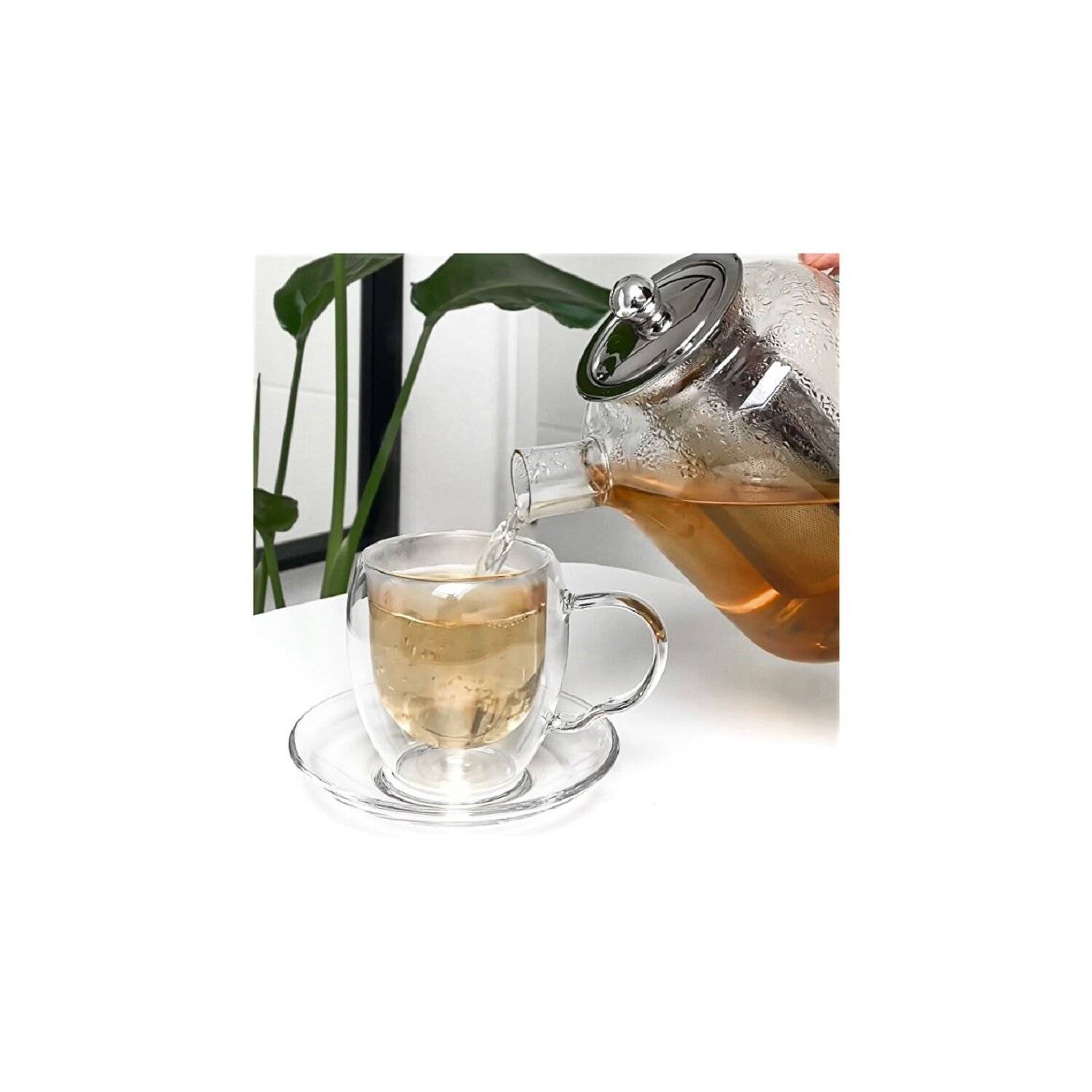 Trendmax 2x Teegläser Doppelwand Thermoglas mit Henkel & Unterteller 250ml, Heat-Resistant ideal für Tee, Kaffee, Kakao