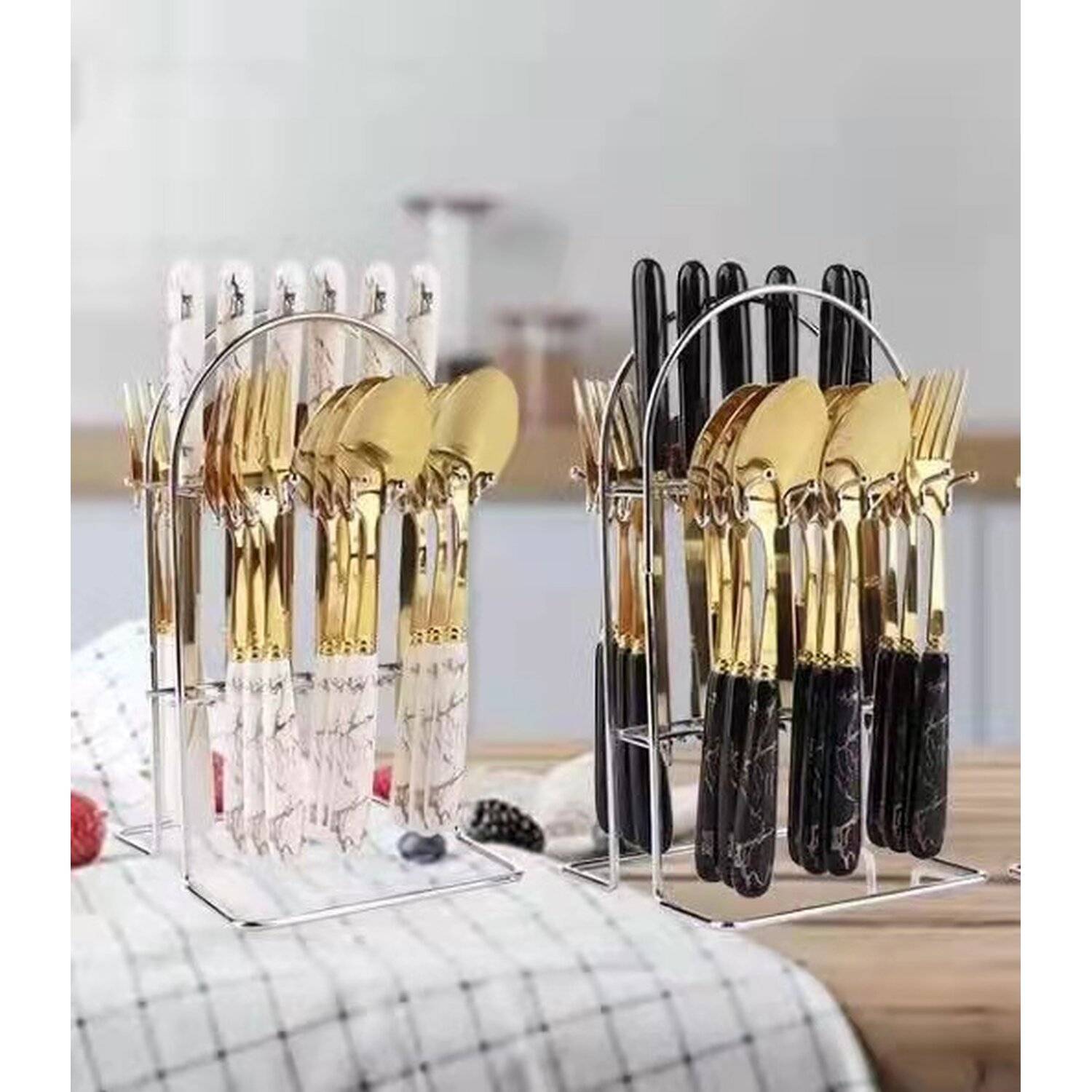 24-Teilig Besteck Set mit Ständer Essgeschirr Edelstahl Gabel Messer Löffel Teelöffel Weiß