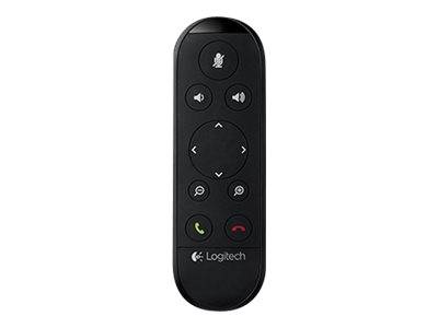 Schwarze Logitech-Fernbedienung mit Mikrofon, Lautstärke-, Richtungs-, Such-, Anrufannahme- und Auflegeschaltern.