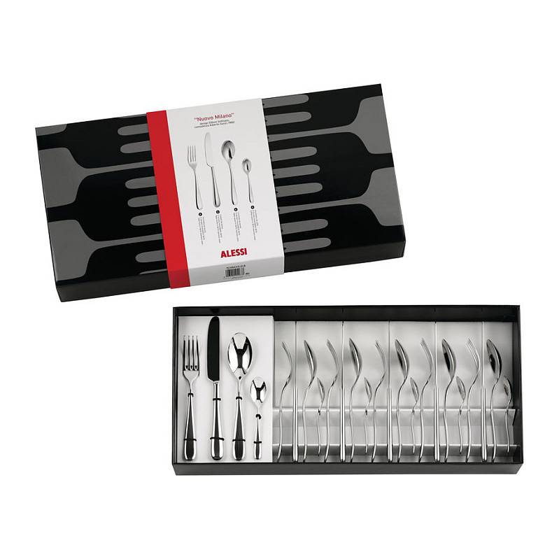 Alessi-Besteckset 'Nuovo Milano' mit offener Box, das Bestecke aus Edelstahl zeigt – Gabeln, Messer, Löffel und Serviermesser im Inneren.