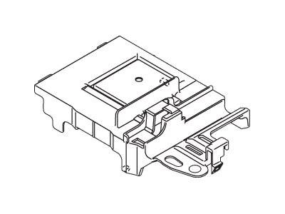 Linienzeichnung einer mechanischen Verriegelung oder Steckerverbindung, die ein rechteckiges Gehäuse mit einem verschiebbaren Riegel und einer Befestigungshalterung zeigt.
