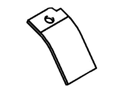 Schwarz-Weiß-Zeichnung eines gebogenen rechteckigen Etiketts oder einer Markierung mit einem Loch in der Nähe der Oberkante, von einem Winkel aus dargestellt.