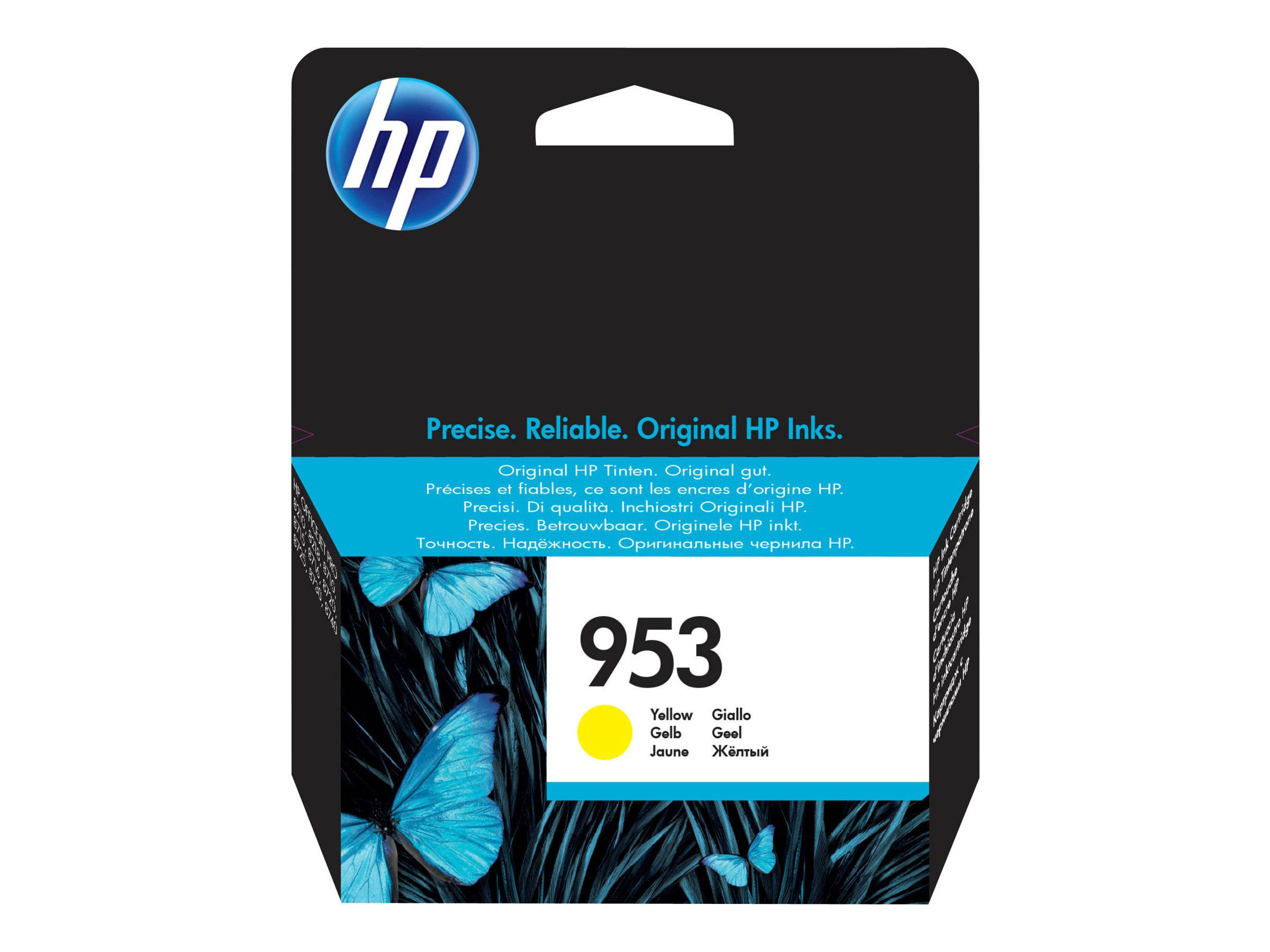 HP 953 Original Gelb Tintenpatrone mit HP Logo, Schmetterlingsdesign und großem '953' Etikett.