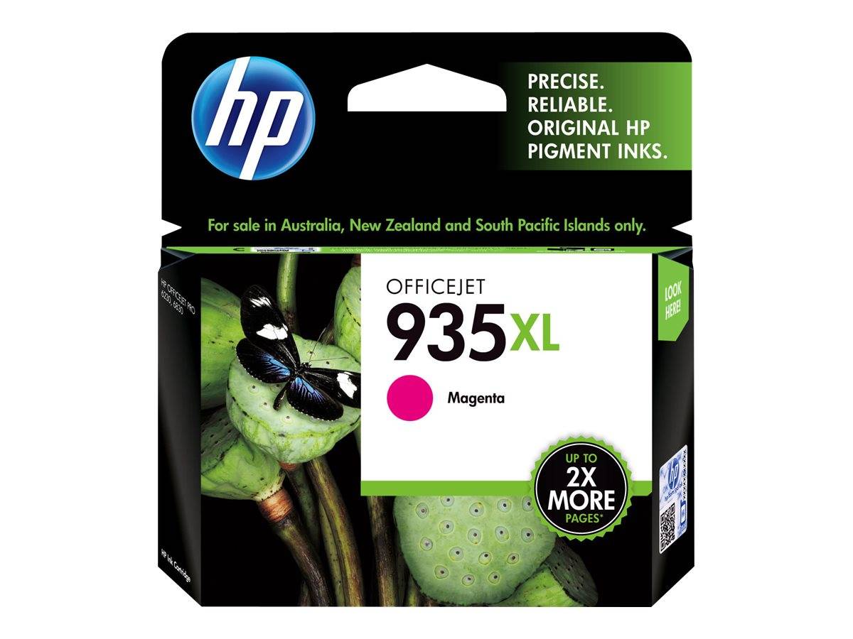 HP Officejet 935XL Magenta-Tintenpatrone mit Schmetterlings- und grünem Blattmotiv, gekennzeichnet mit Original-HP-Pigmenttinten.