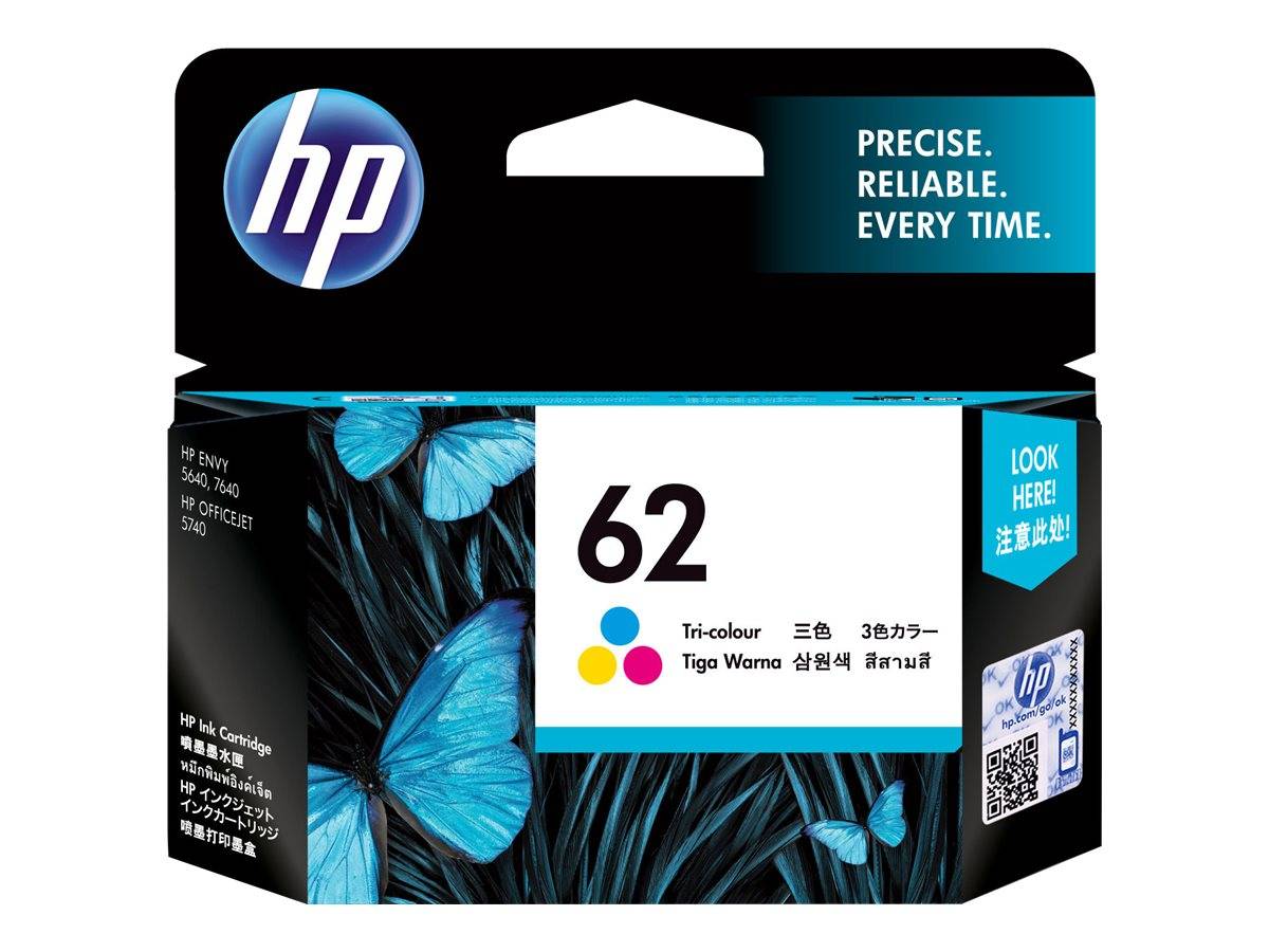 HP Tintenpatronenschachtel mit der Bezeichnung 62 mit cyan, magenta und gelben Punkten und blauem Schmetterlingsdesign; gekennzeichnet mit „Präzise. Zuverlässig. Jedes Mal.