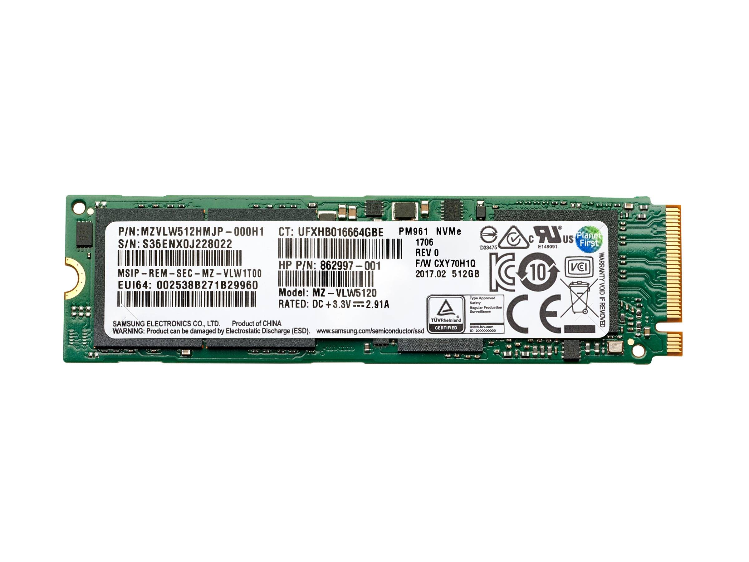 Grünes Samsung NVMe M.2 SSD-Modul mit Produktetikett und vergoldeter Steckkantenseite.