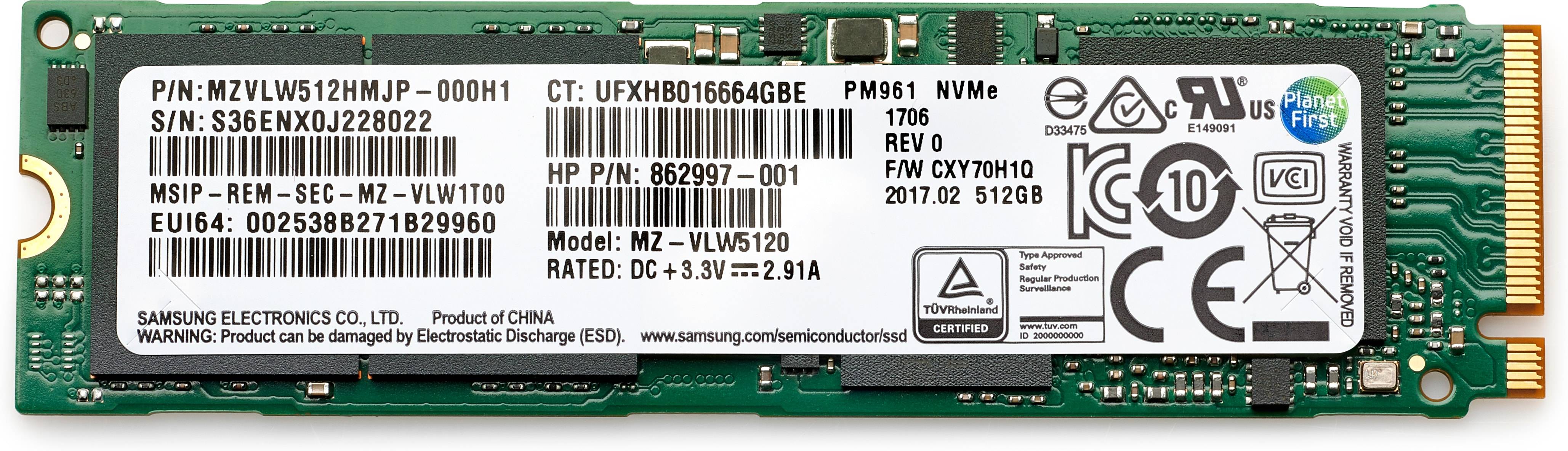 Samsung PM961 NVMe M.2 SSD-Etikett mit Modell MZ-VLW5120, 512GB Kapazität und Serien-/Teilenummern.