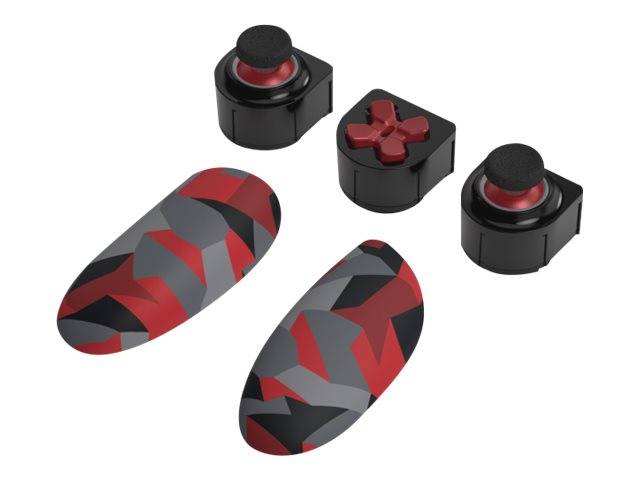 Drei schwarz-rot gemusterte Gaming-Controller-Komponenten auf weißem Hintergrund: zwei gemusterte Griffhülsen und drei Joystick-ähnliche Tastenmodule.