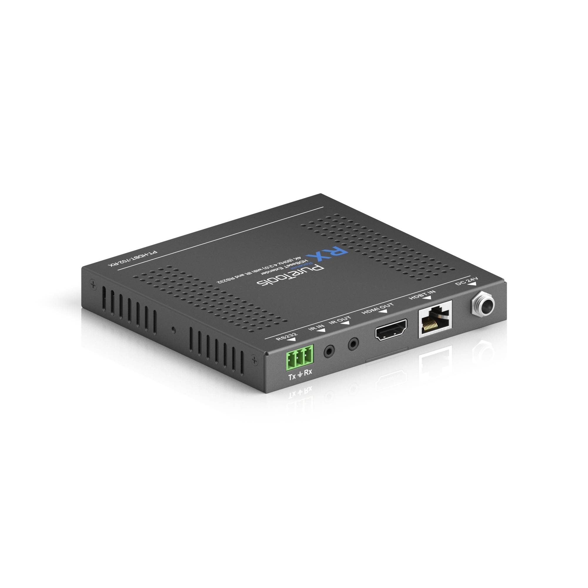 Kompaktes schwarzes Netzwerkgerät oder Medienkonverter mit Belüftungslöchern, Ethernet-Anschluss, grünem Anschlussblock und Stromanschluss auf weißem Hintergrund.