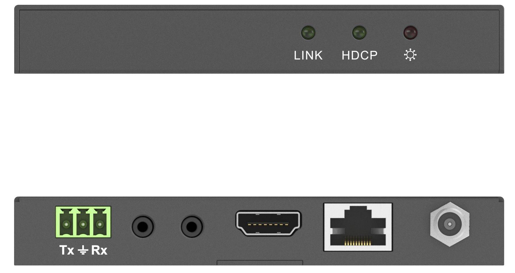 Hintere und vordere Ansichten eines kleinen Hardware-Geräts: Status-LEDs mit den Bezeichnungen „LINK