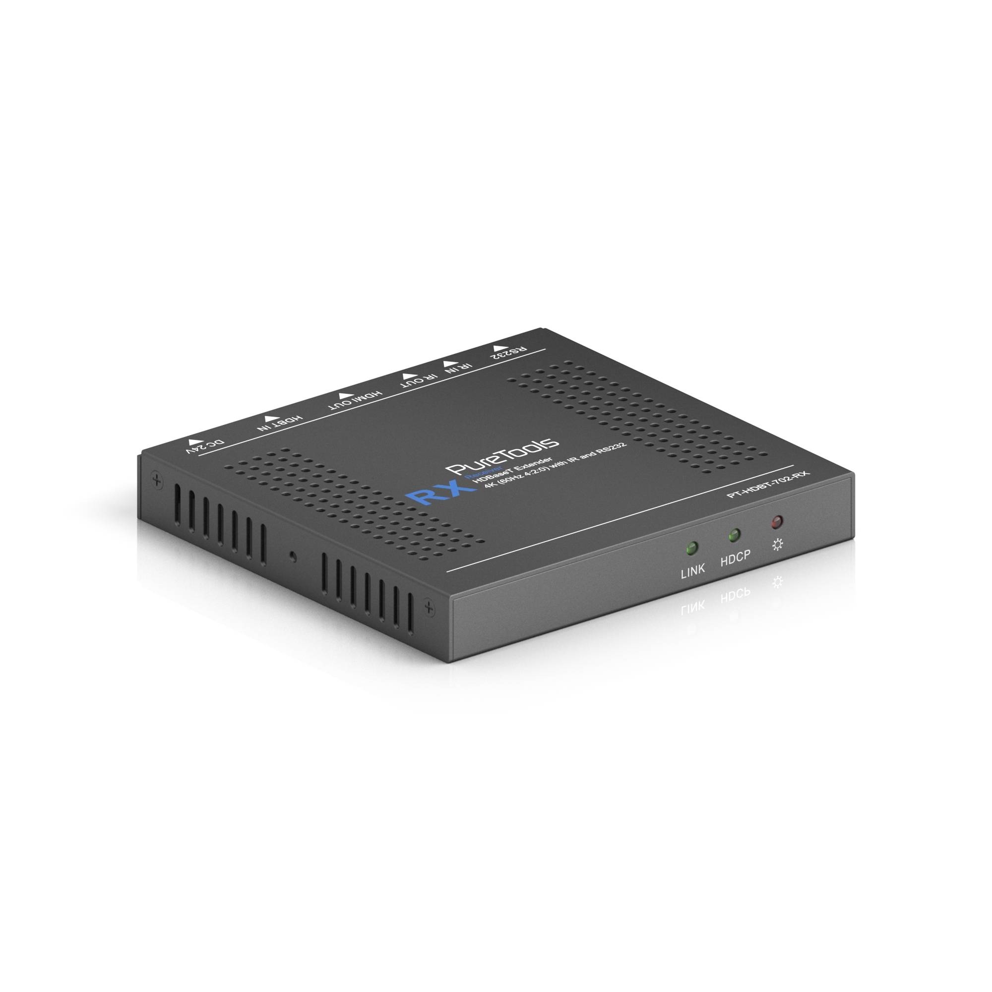 Schwarze RAYtronic Routerbox mit Belüftungslöchern, Statusleuchten und gekennzeichneten Anschlüssen auf weißem Hintergrund.