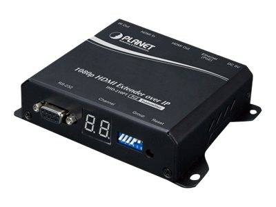 Black Planet Marke 1080p HDMI-Verlängerung über IP-Gerät mit VGA-ähnlichen Anschlüssen, digitaler Anzeige und Status-LEDs.