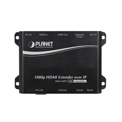 Schwarzer PLANET 1080p HDMI Extender über IP-Sender mit gekennzeichneten Anschlüssen für IR-Ausgang, HDMI-Eingang, HDMI-Ausgang, Ethernet, DC 5V, RS-232, Kanal, Gruppe und Zurücksetzen.