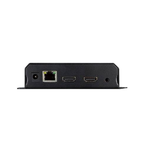 Schwarzes Gerätegehäuse mit Stromanschluss, Ethernet-Anschluss, zwei HDMI-Anschlüssen und Reset-Loch auf weißem Hintergrund.
